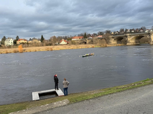 Ruderboote am Ziel in Pirna 2024